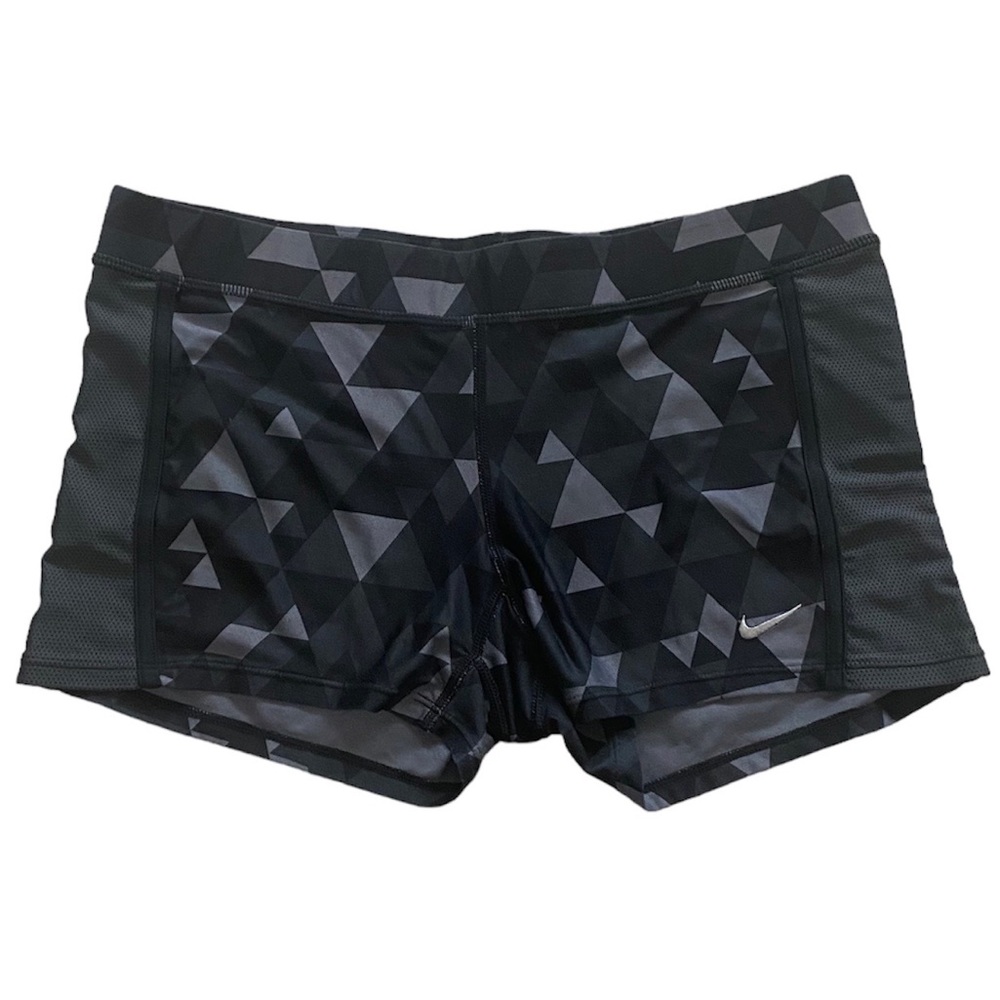 Nike Dri-Fit Booty Shorts Breathable Sides Geo Design Black & Gray Sz Medium